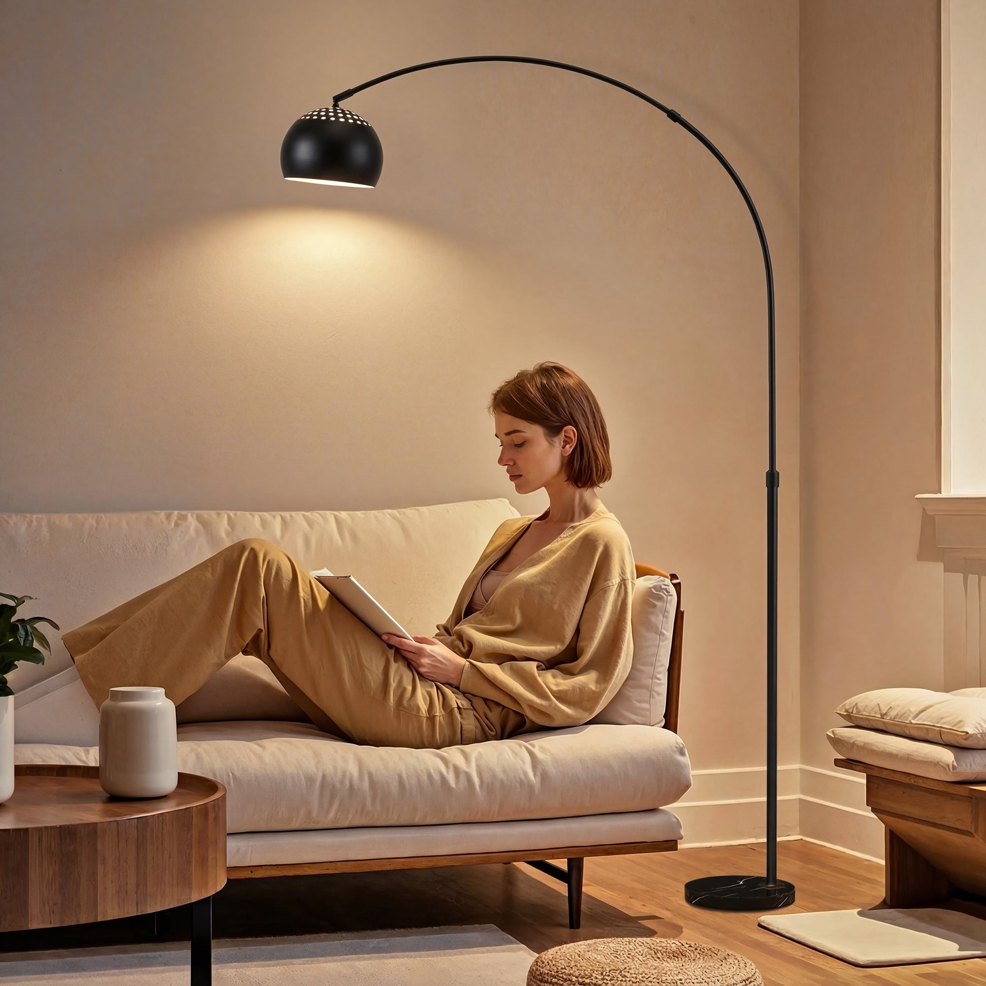 HOMCOM Arc Floor Lamp for Living Room, Modern Adjustable Standing Lamp with Faux Black Marble Base Black - MOOAZAA