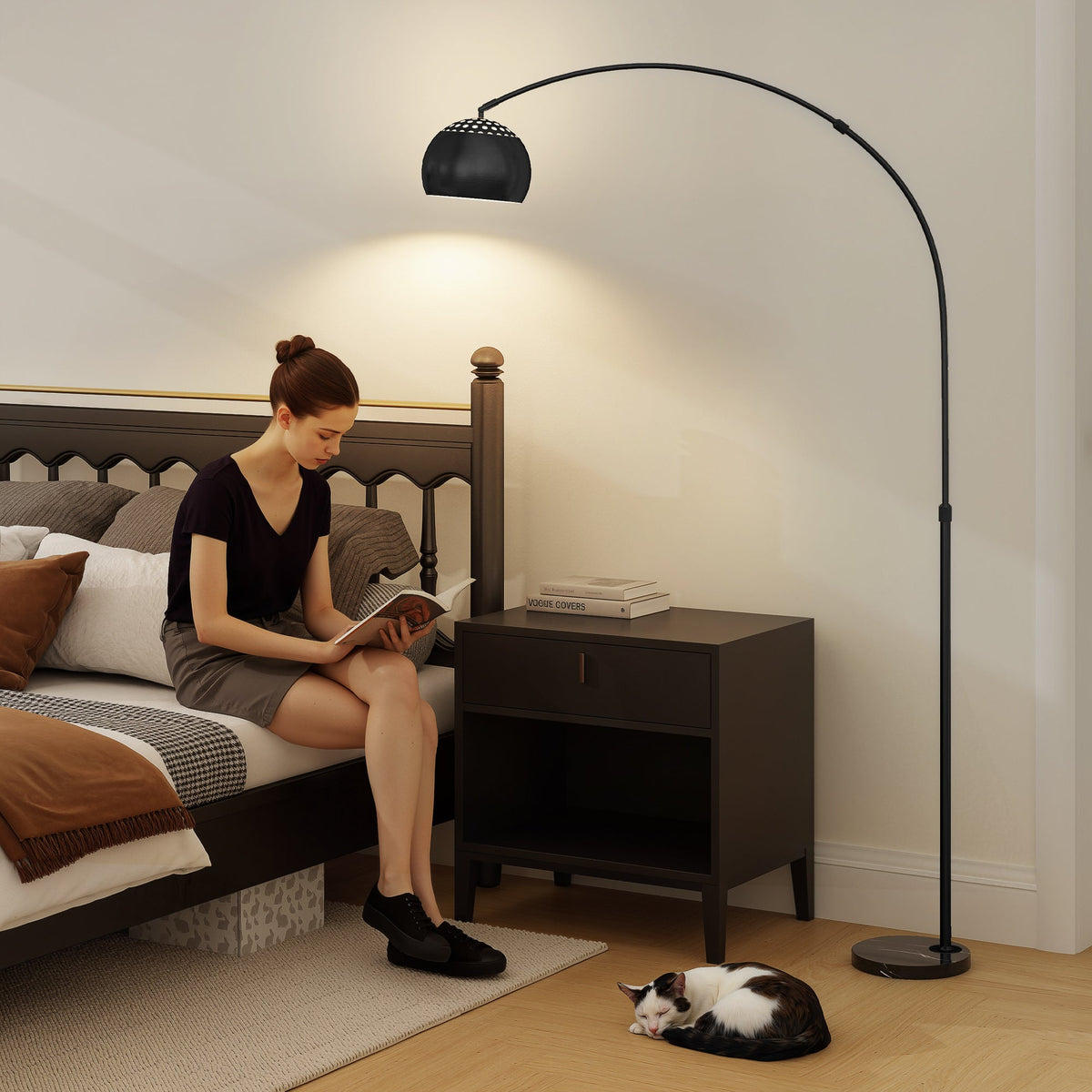 HOMCOM Arc Floor Lamp for Living Room, Modern Adjustable Standing Lamp with Faux Black Marble Base Black - MOOAZAA