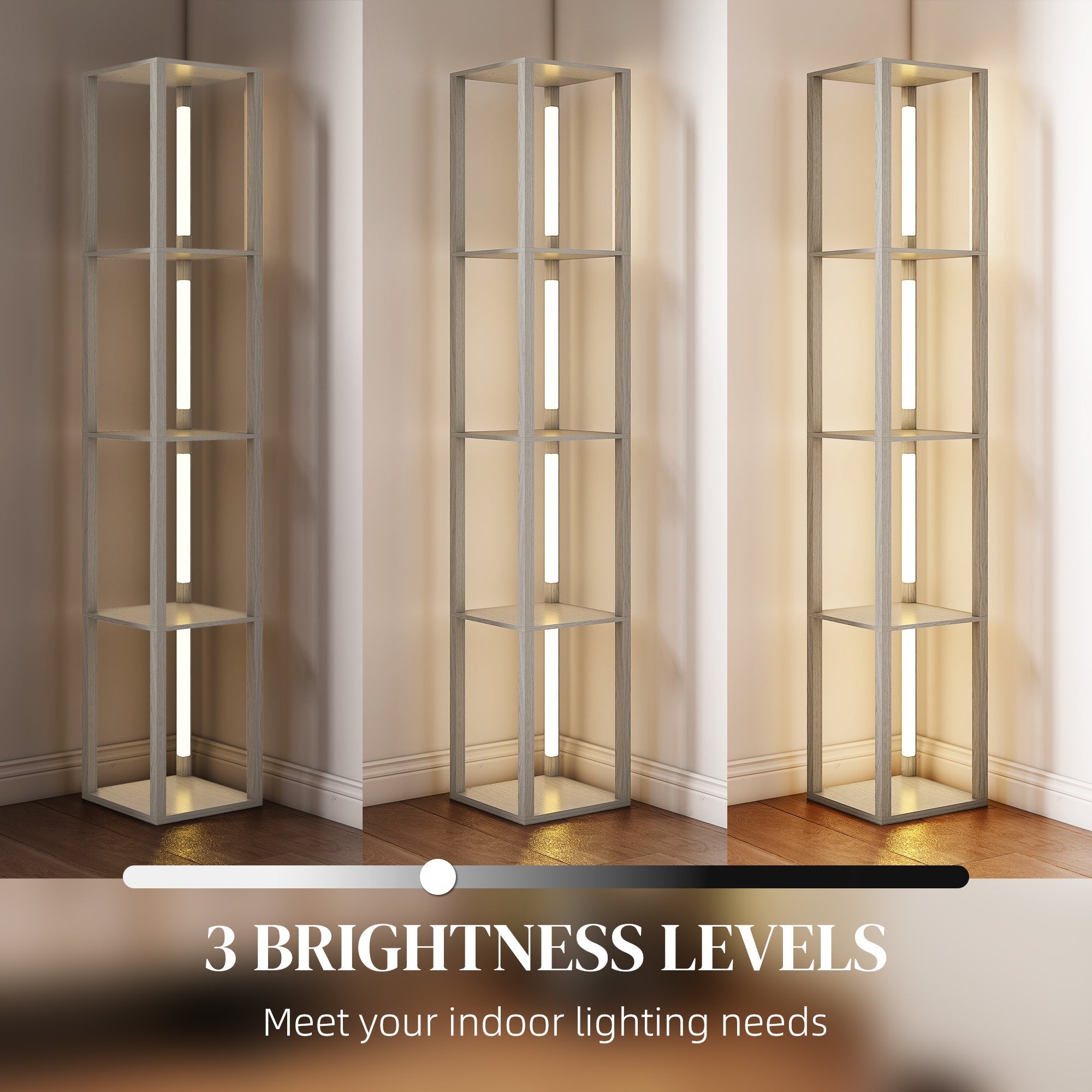 HOMCOM Floor Lamp with Shelves and 3 Brightness Levels - Oak - MOOAZAA