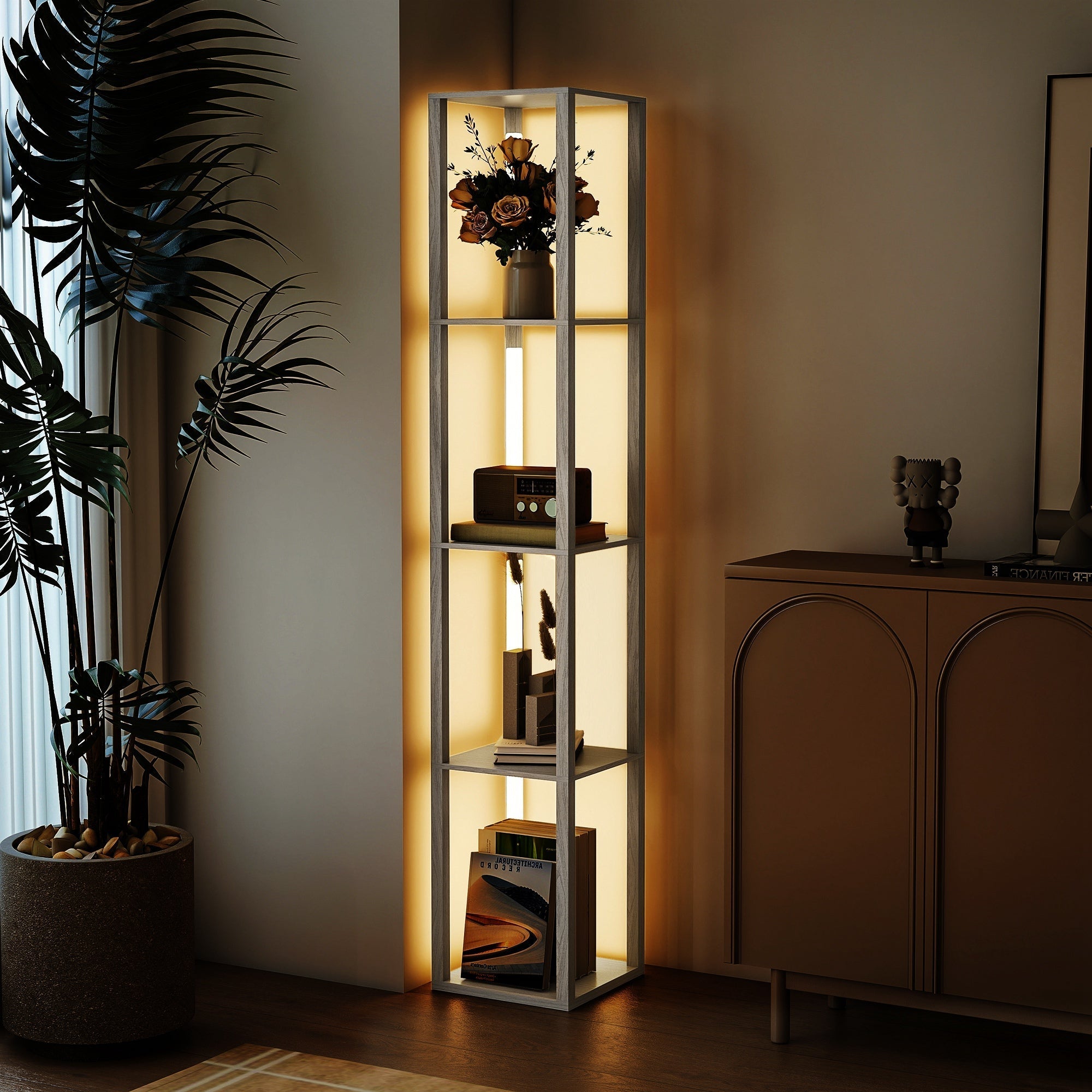 HOMCOM Floor Lamp with Shelves and 3 Brightness Levels - Oak - MOOAZAA