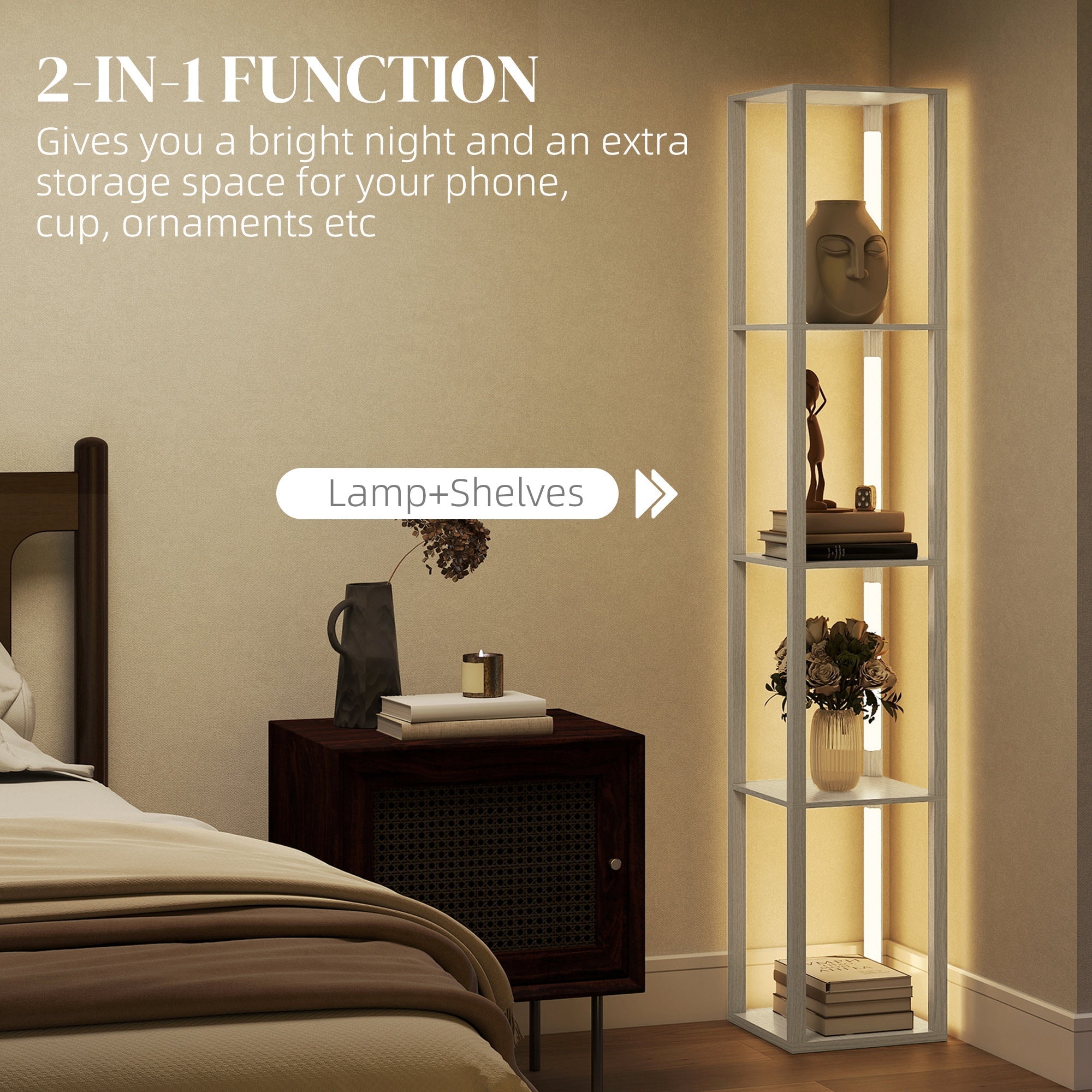 HOMCOM Floor Lamp with Shelves and 3 Brightness Levels - Oak - MOOAZAA