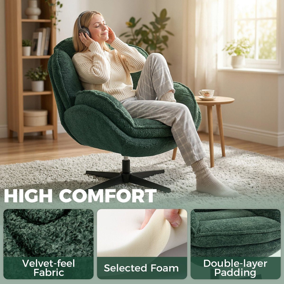 HOMCOM Modern Wingback Accent Chair, Velvet Armchair with Four-Star Base, S-Springs, Swivel, Dark Green - MOOAZAA