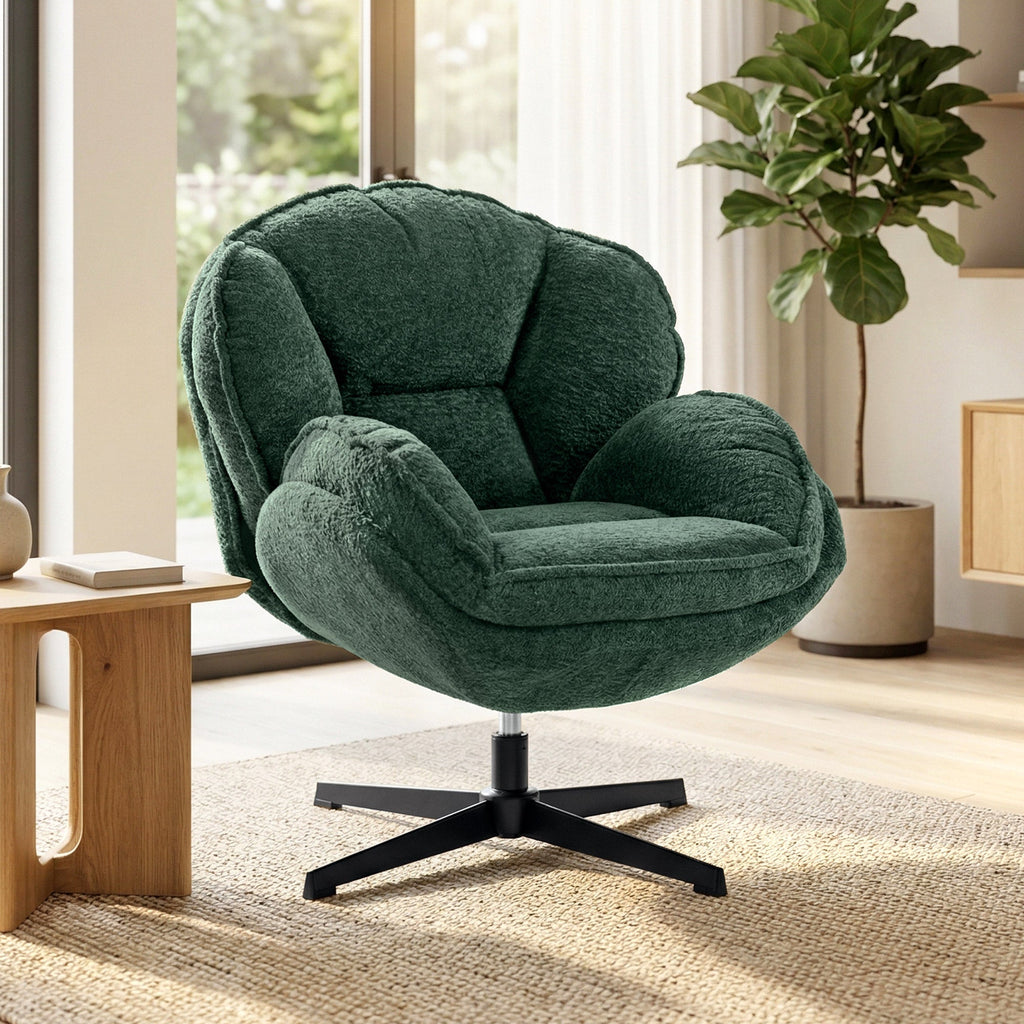 HOMCOM Modern Wingback Accent Chair, Velvet Armchair with Four-Star Base, S-Springs, Swivel, Dark Green - MOOAZAA