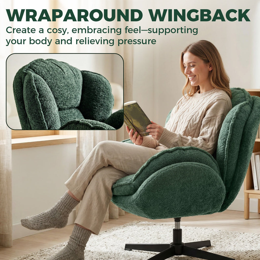 HOMCOM Modern Wingback Accent Chair, Velvet Armchair with Four-Star Base, S-Springs, Swivel, Dark Green - MOOAZAA