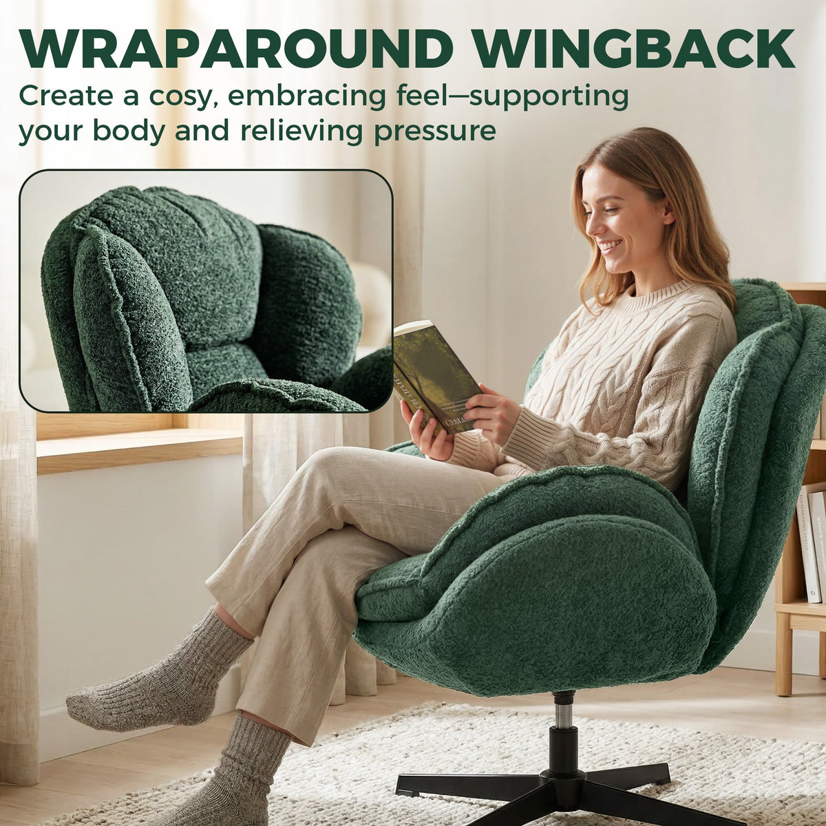 HOMCOM Modern Wingback Accent Chair, Velvet Armchair with Four-Star Base, S-Springs, Swivel, Dark Green - MOOAZAA