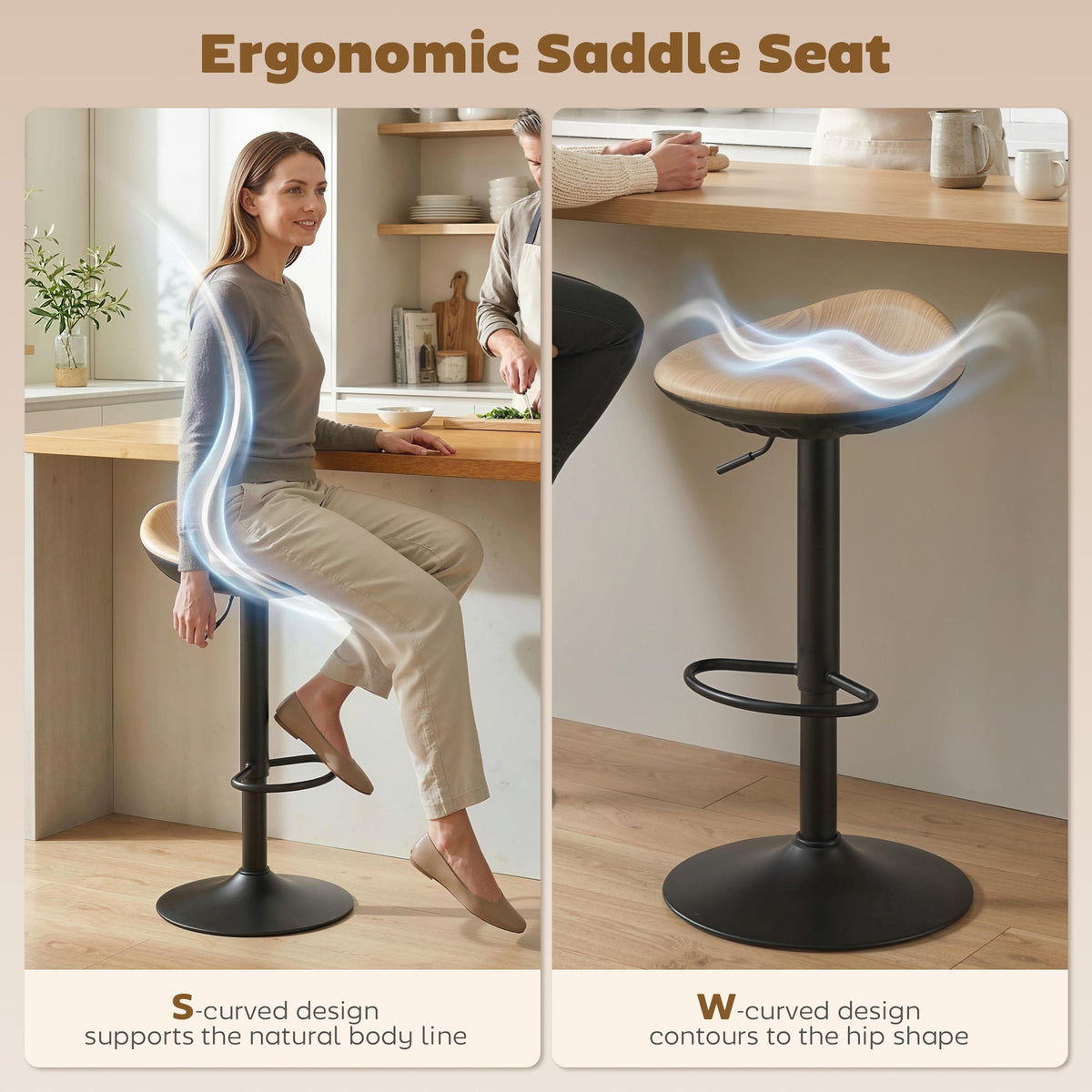 HOMCOM Set of 2 Barstools PU Leather Kitchen Stools with Saddle Seat Height Adjustable Swivel Kitchen Chairs with Footrest Oak - MOOAZAA