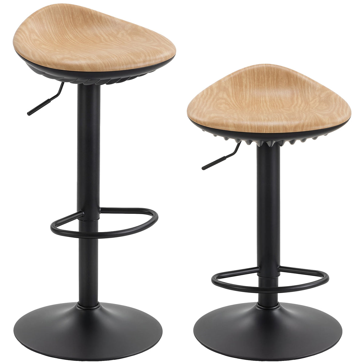 HOMCOM Set of 2 Barstools PU Leather Kitchen Stools with Saddle Seat Height Adjustable Swivel Kitchen Chairs with Footrest Oak - MOOAZAA