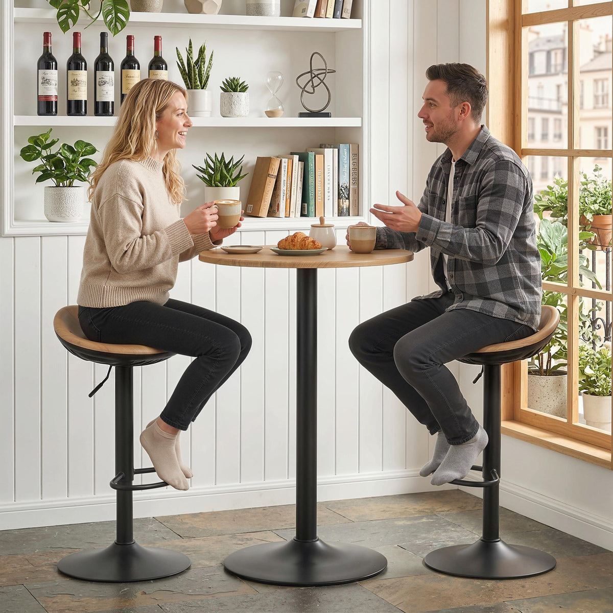 HOMCOM Set of 2 Barstools PU Leather Kitchen Stools with Saddle Seat Height Adjustable Swivel Kitchen Chairs with Footrest Oak - MOOAZAA