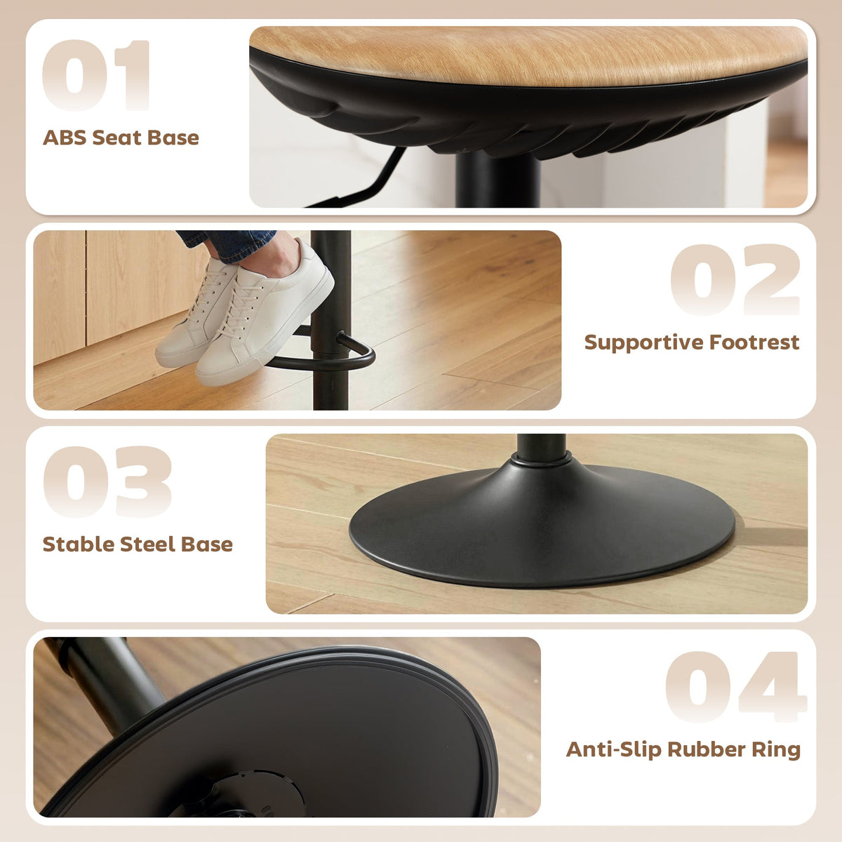 HOMCOM Set of 2 Barstools PU Leather Kitchen Stools with Saddle Seat Height Adjustable Swivel Kitchen Chairs with Footrest Oak - MOOAZAA