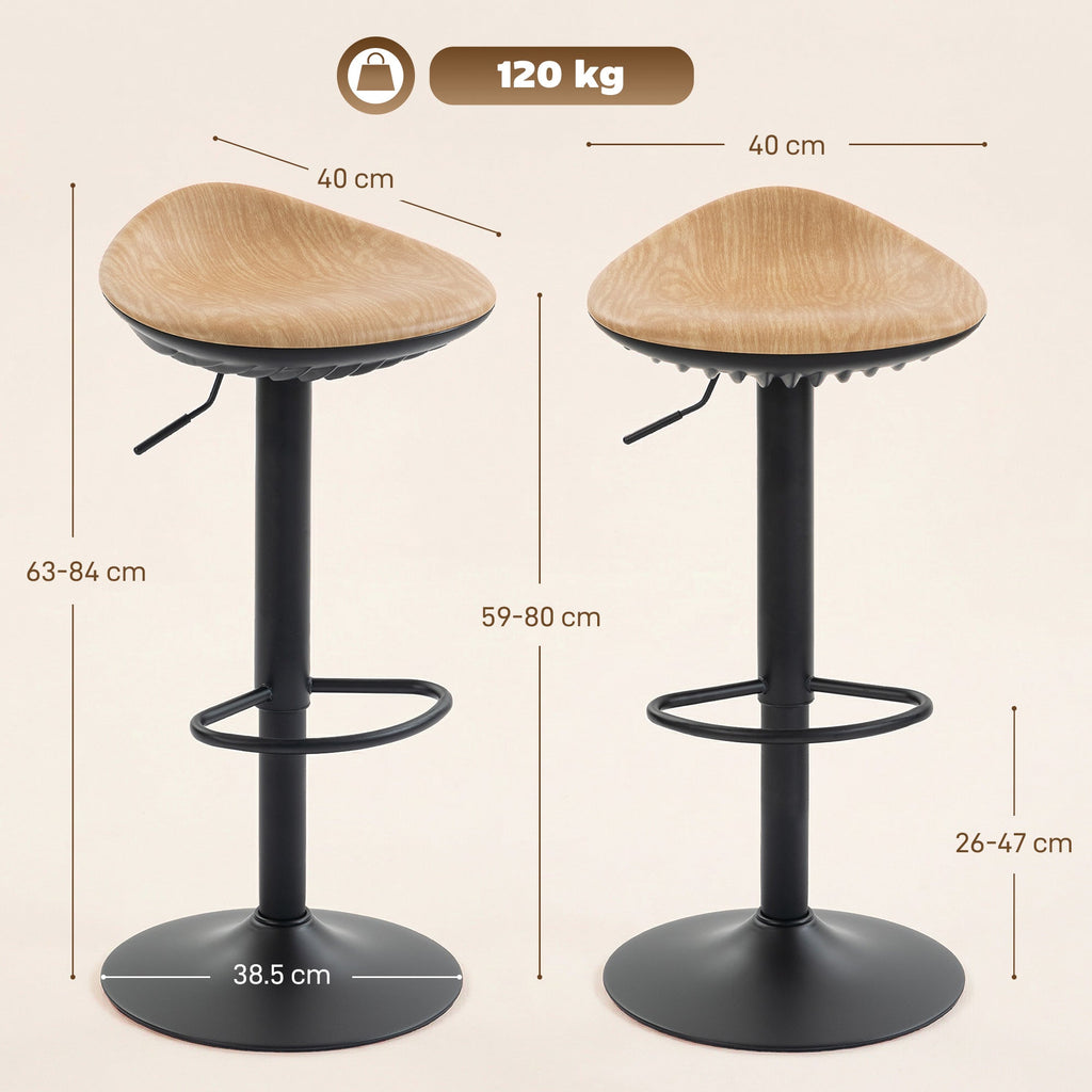 HOMCOM Set of 2 Barstools PU Leather Kitchen Stools with Saddle Seat Height Adjustable Swivel Kitchen Chairs with Footrest Oak - MOOAZAA