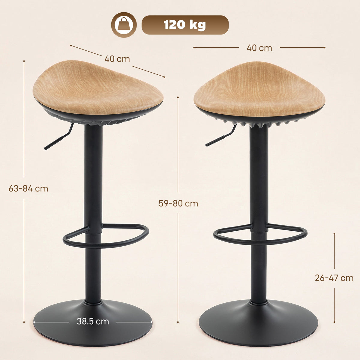 HOMCOM Set of 2 Barstools PU Leather Kitchen Stools with Saddle Seat Height Adjustable Swivel Kitchen Chairs with Footrest Oak - MOOAZAA