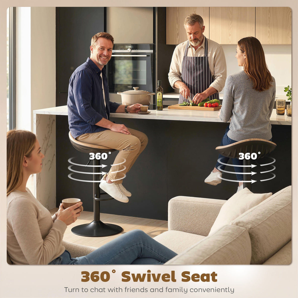 HOMCOM Set of 2 Barstools PU Leather Kitchen Stools with Saddle Seat Height Adjustable Swivel Kitchen Chairs with Footrest Oak - MOOAZAA