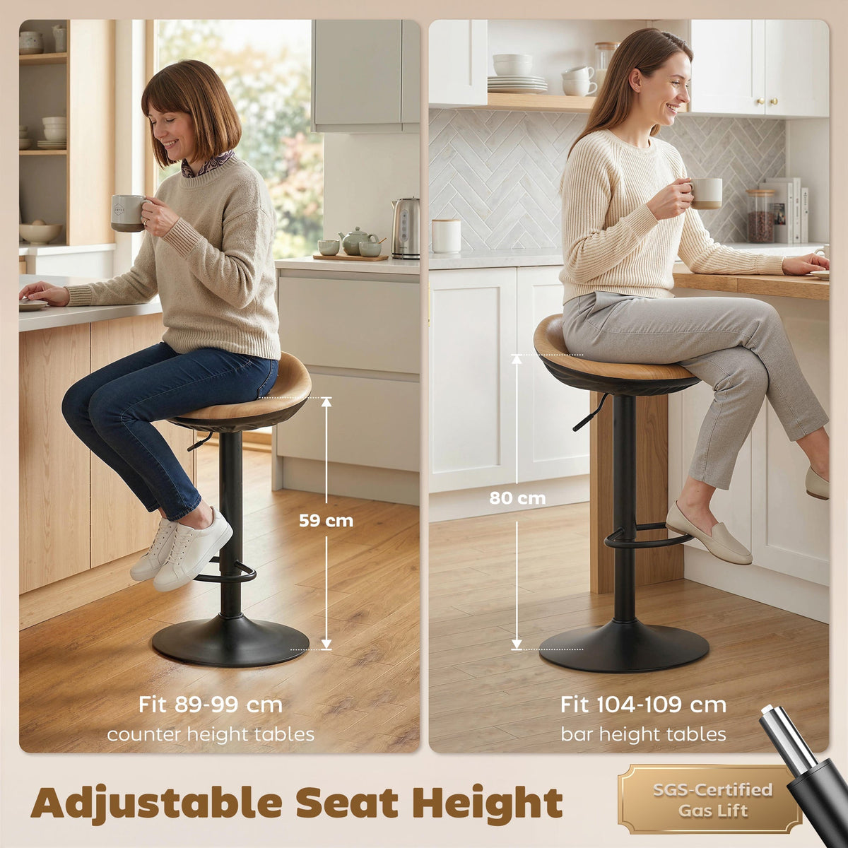 HOMCOM Set of 2 Barstools PU Leather Kitchen Stools with Saddle Seat Height Adjustable Swivel Kitchen Chairs with Footrest Oak - MOOAZAA