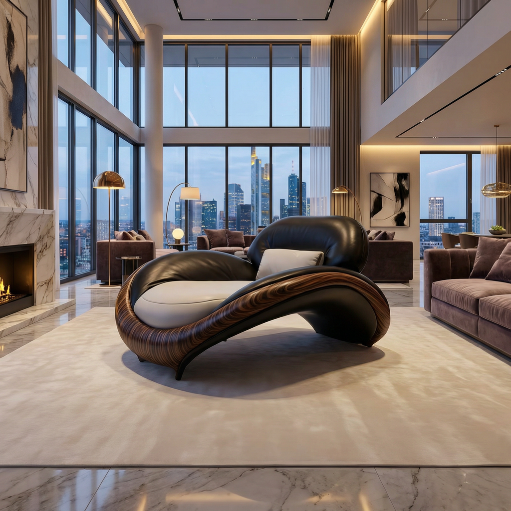 Modern living room with a unique brown chair and city skyline view