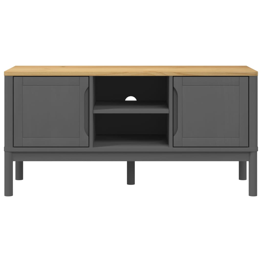 Gray TV stand with wooden top on a white background