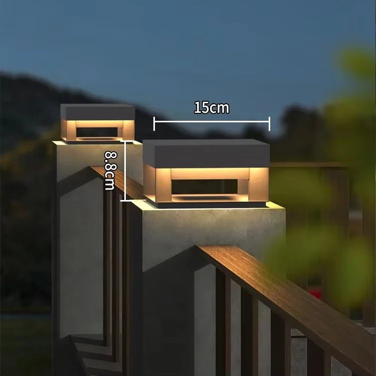 Outdoor light fixture on a stair railing with dimensions indicated