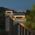 Outdoor light fixture on a stair railing with dimensions indicated