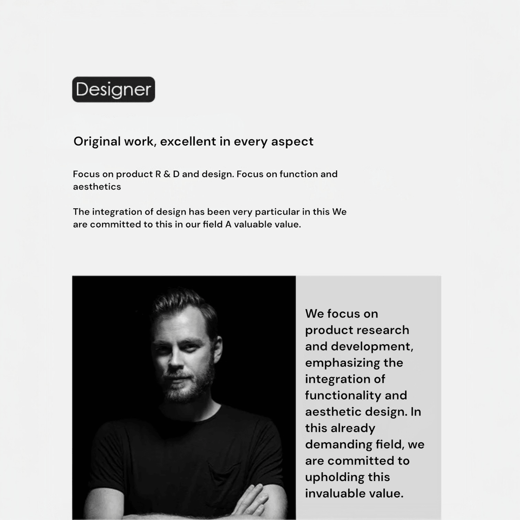Person with text about design focus and product R&D on a white background