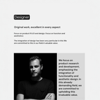 Person with text about design focus and product R&D on a white background