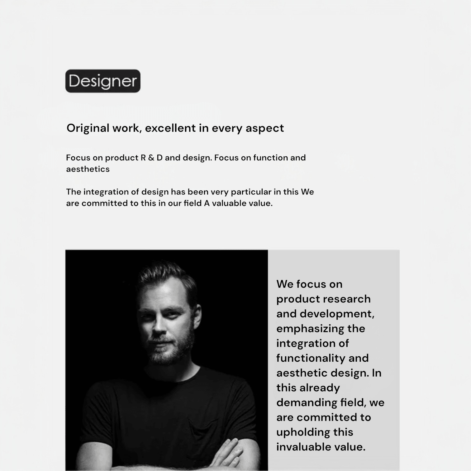 Person with text about design focus and product R&D on a white background