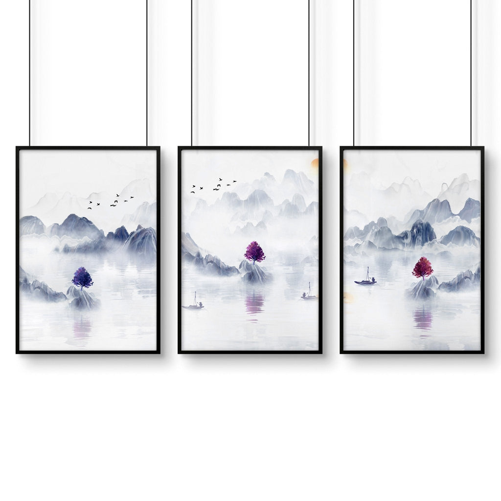Big wall paintings for living room | set of 3 Japanese wall art