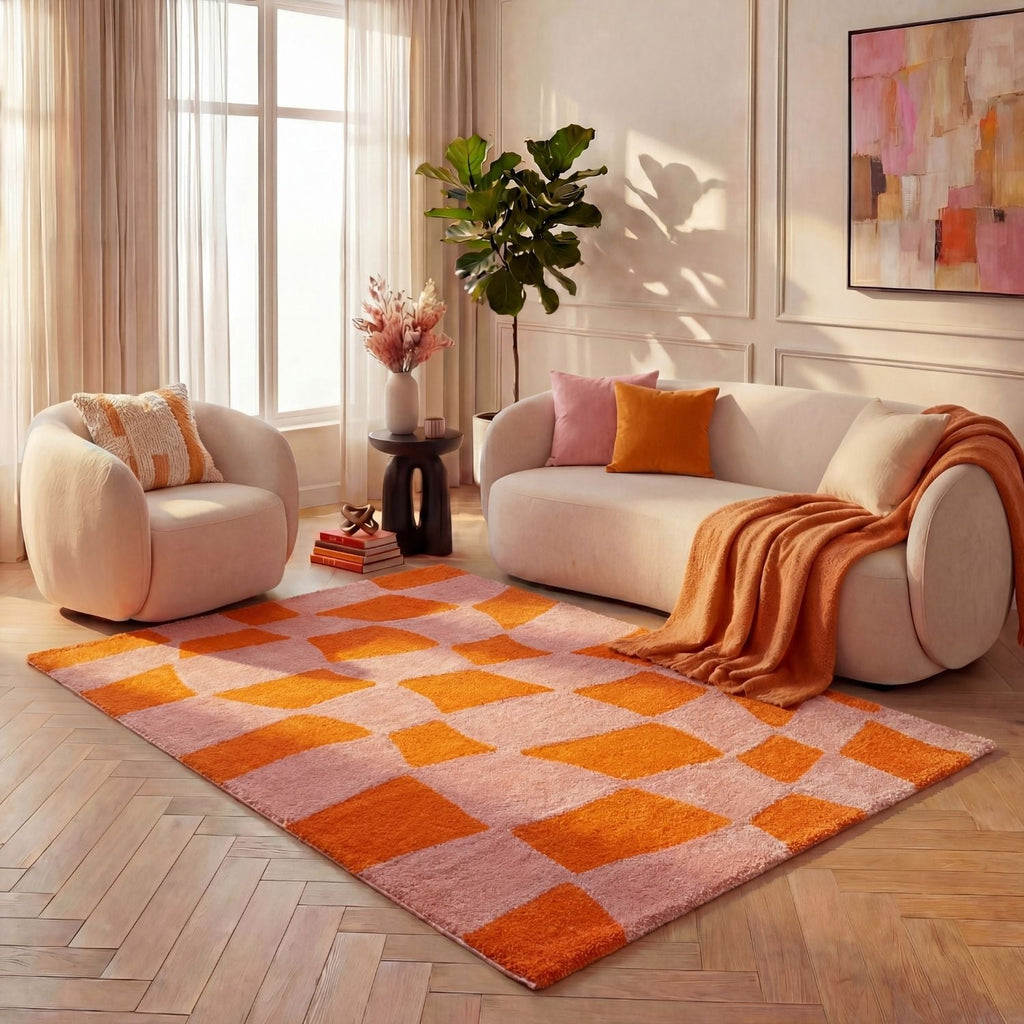 Joli Checkered Orange & Pink Rug - MOOAZAA
