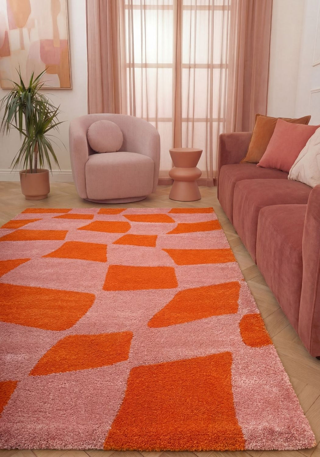 Joli Checkered Orange & Pink Rug - MOOAZAA