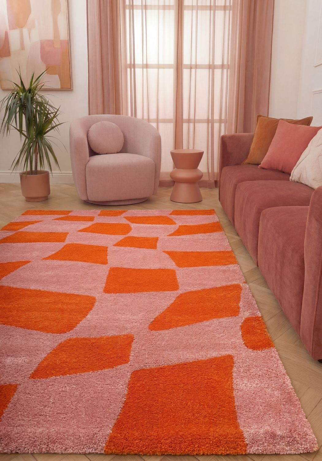 Joli Checkered Orange & Pink Rug - MOOAZAA