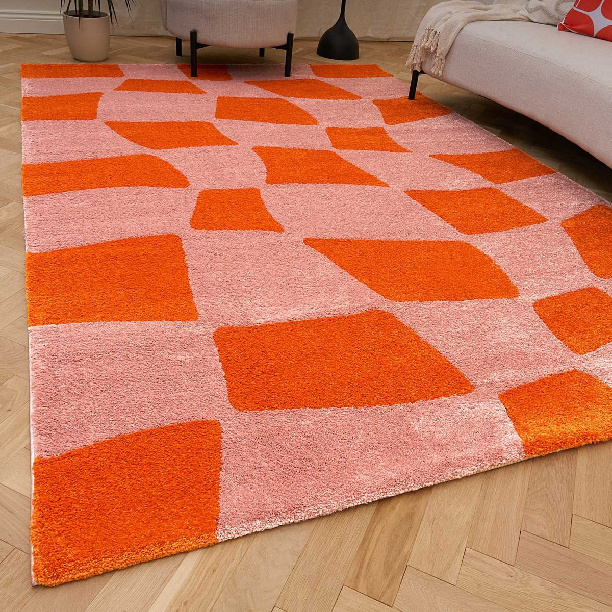 Joli Checkered Orange & Pink Rug - MOOAZAA