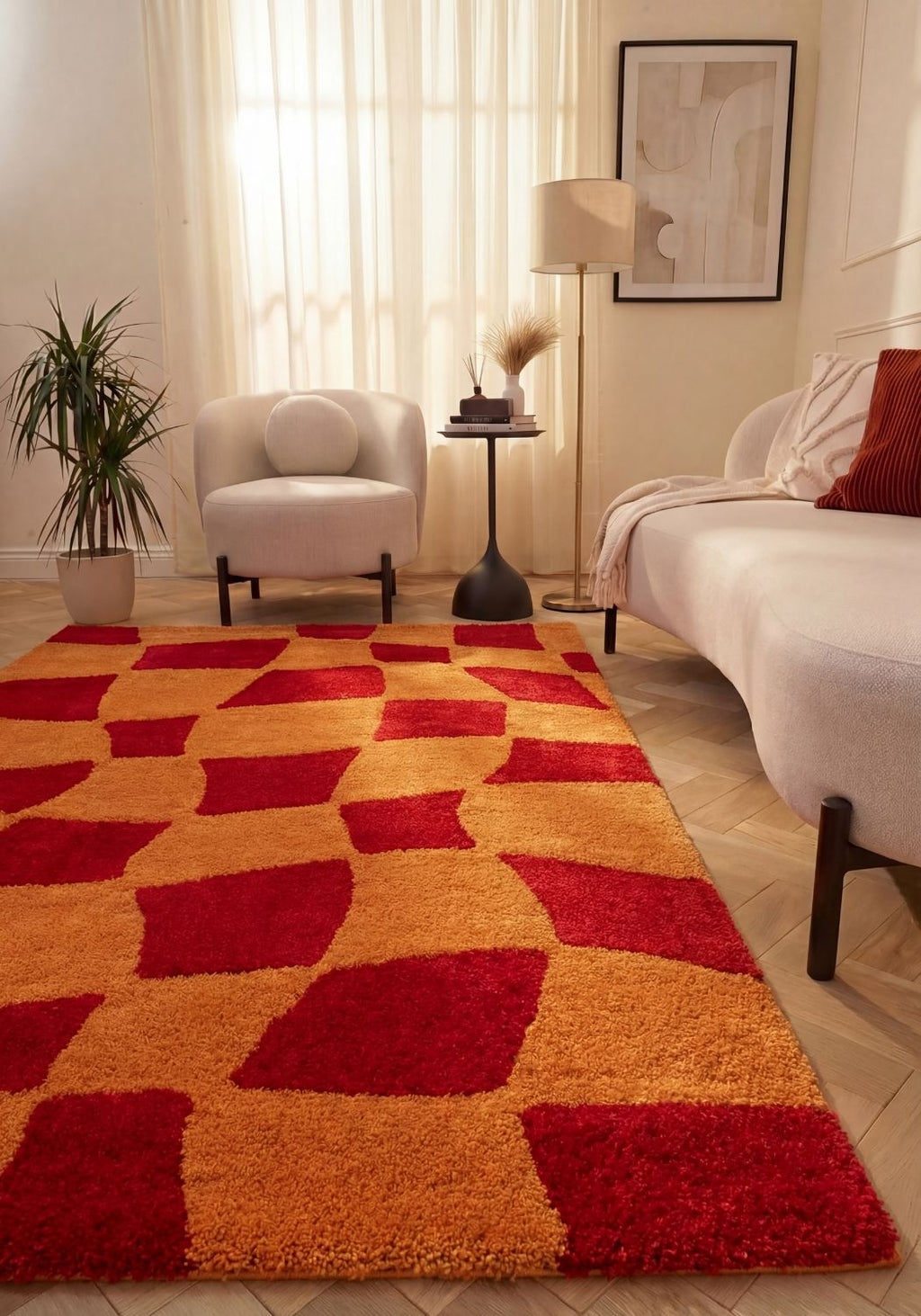 Joli Checkered Red & Orange Rug - MOOAZAA