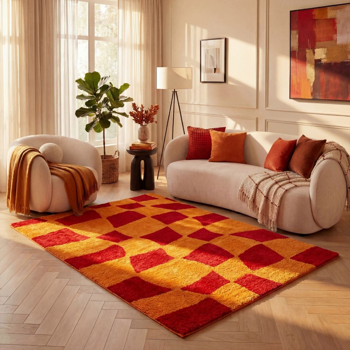 Joli Checkered Red & Orange Rug - MOOAZAA