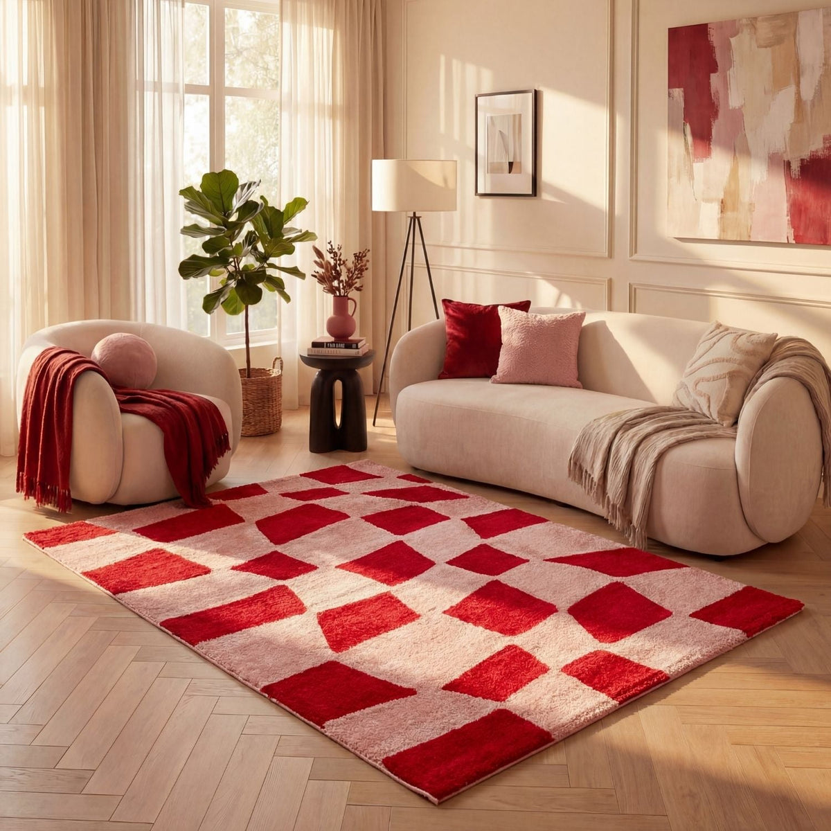 Joli Checkered Red & Pink Rug - MOOAZAA