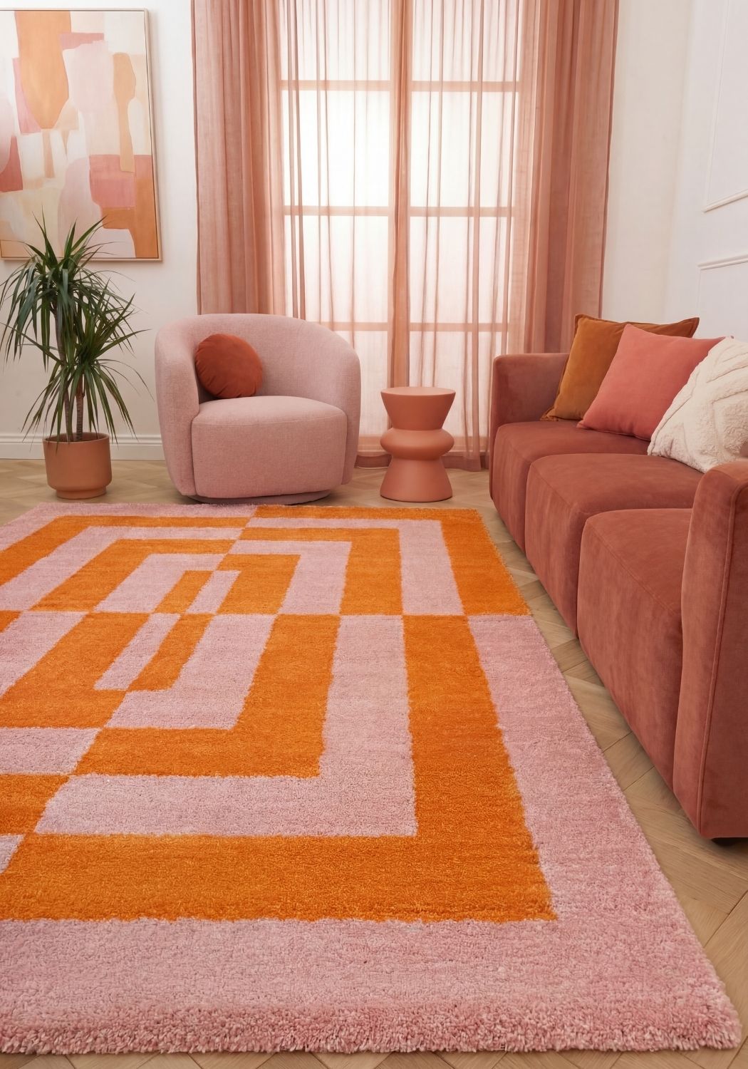 Joli Geometric Orange & Pink Rug - MOOAZAA