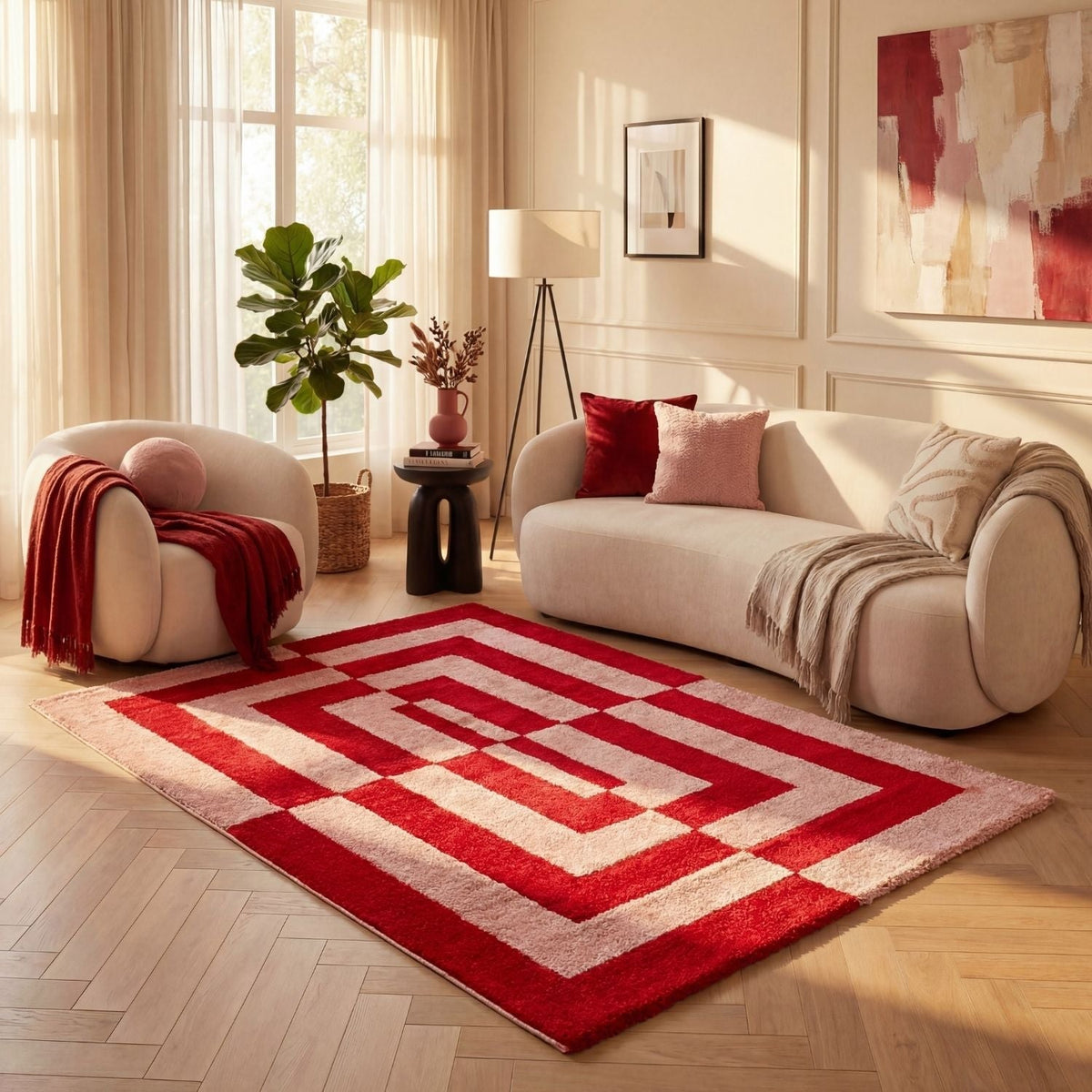 Joli Geometric Red & Pink Rug - MOOAZAA