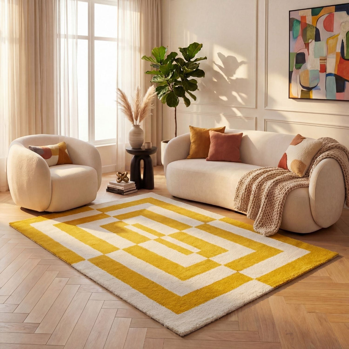 Joli Geometric Yellow & White Rug - MOOAZAA