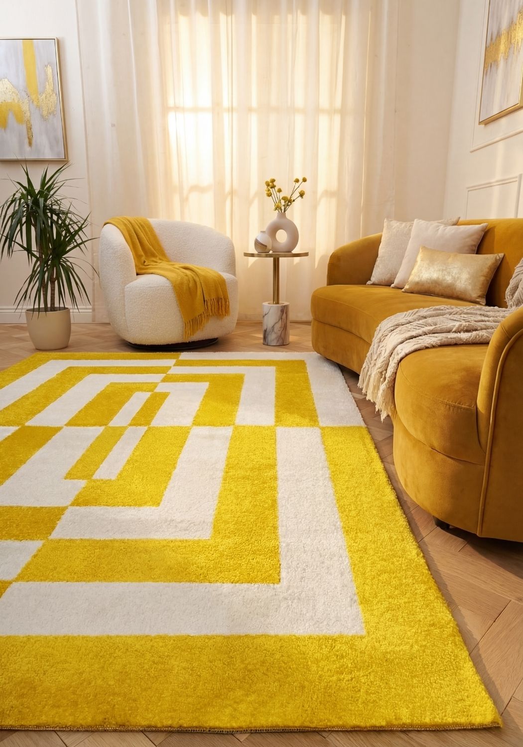 Joli Geometric Yellow & White Rug - MOOAZAA