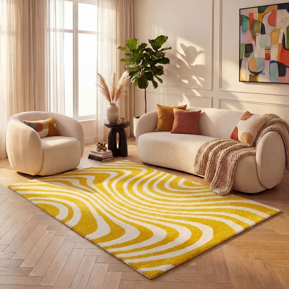 Joli Striped Yellow & White Rug - MOOAZAA