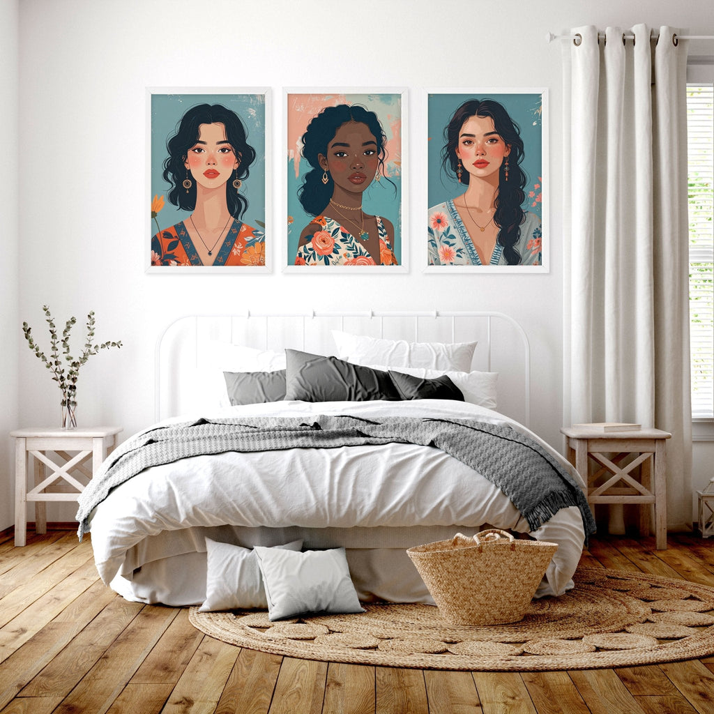 Large Bedroom Wall Art | Set of 3 Boho Women Wall art Prints