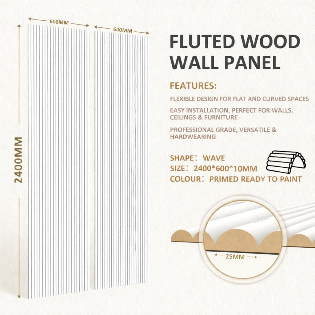 Large Fluted Wall Panels in DIY Primed - Ready To Paint - 240cm x 60cm