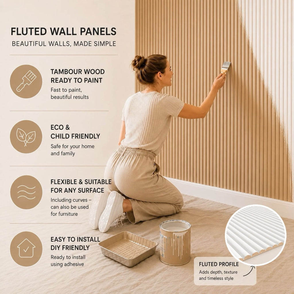 Large Fluted Wall Panels in DIY Primed - Ready To Paint - 240cm x 60cm