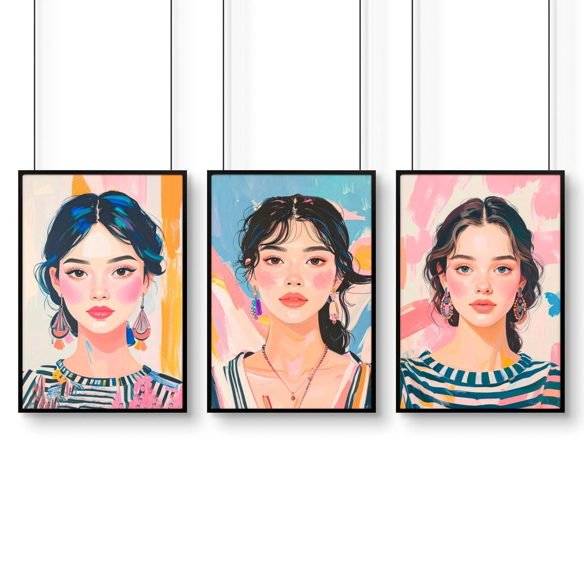 Large Framed Pictures | Set of 3 Boho Women Wall art Prints