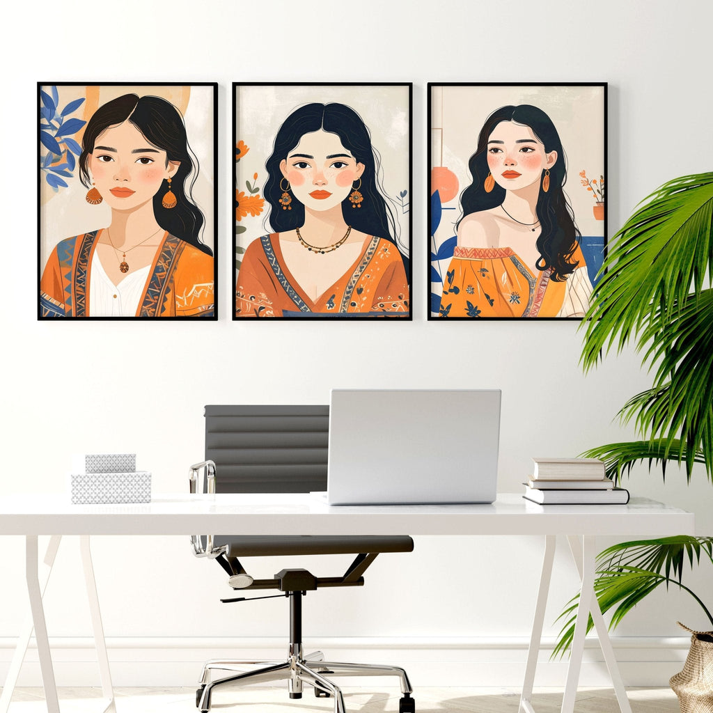 Large Framed Prints | Set of 3 Boho Women Wall art Prints