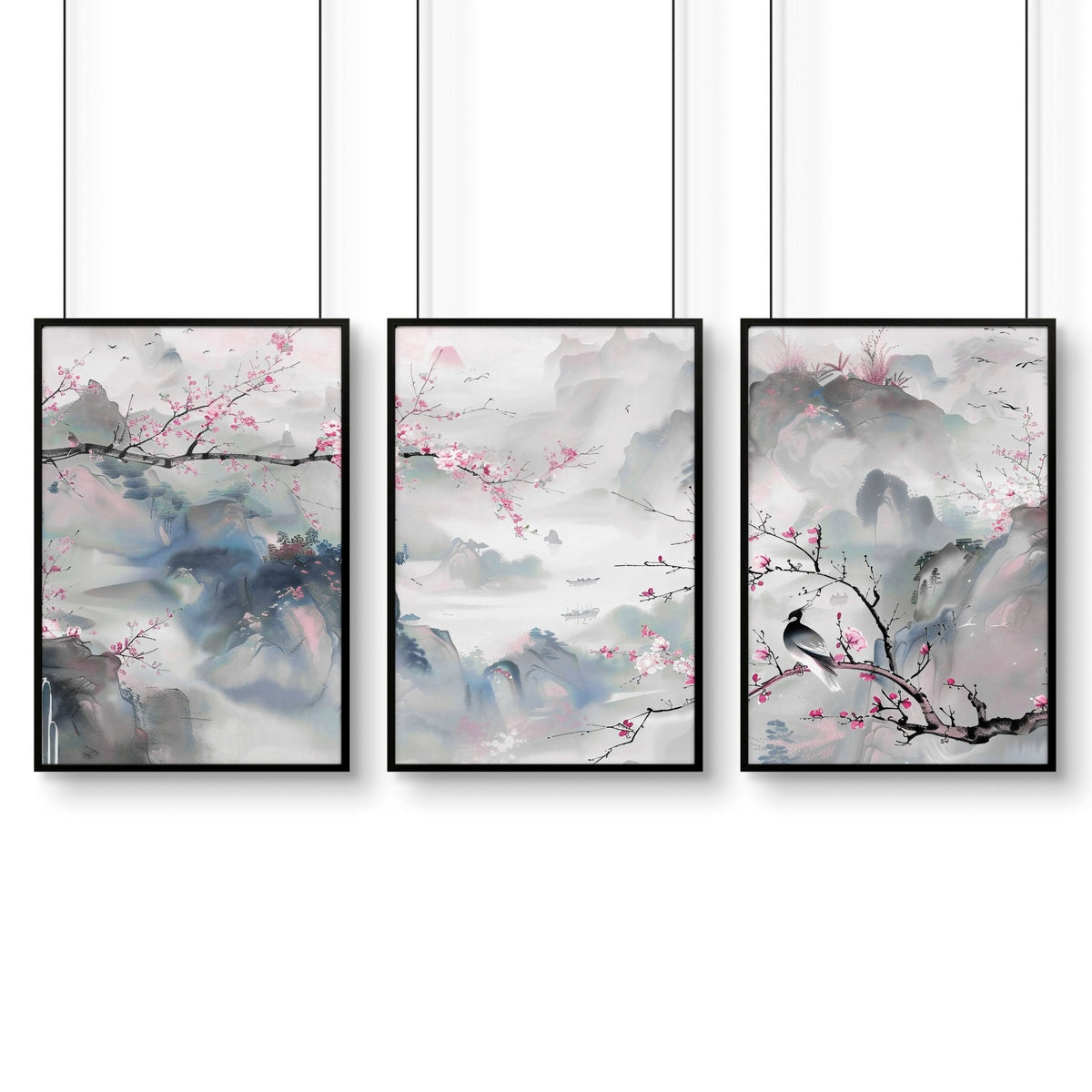 Large Wall Art for Living Room | Chinoiserie Set of 3