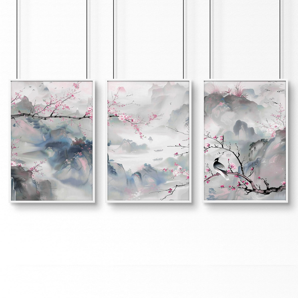 Large Wall Art for Living Room | Chinoiserie Set of 3