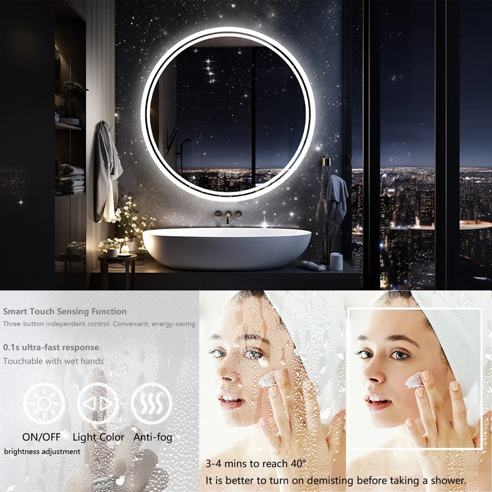 Large Round LED Bathroom Vanity Mirror Anti-Fog with Brighter Lights for Makeup Wall Mount Smart Touch - MOOAZAA