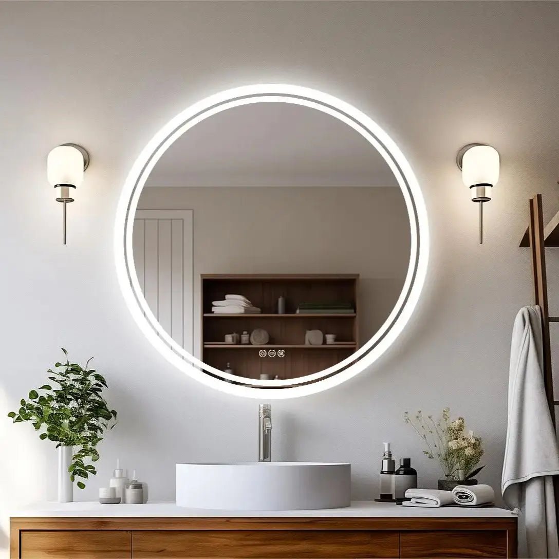 Large Round LED Bathroom Vanity Mirror Anti-Fog with Brighter Lights for Makeup Wall Mount Smart Touch - MOOAZAA
