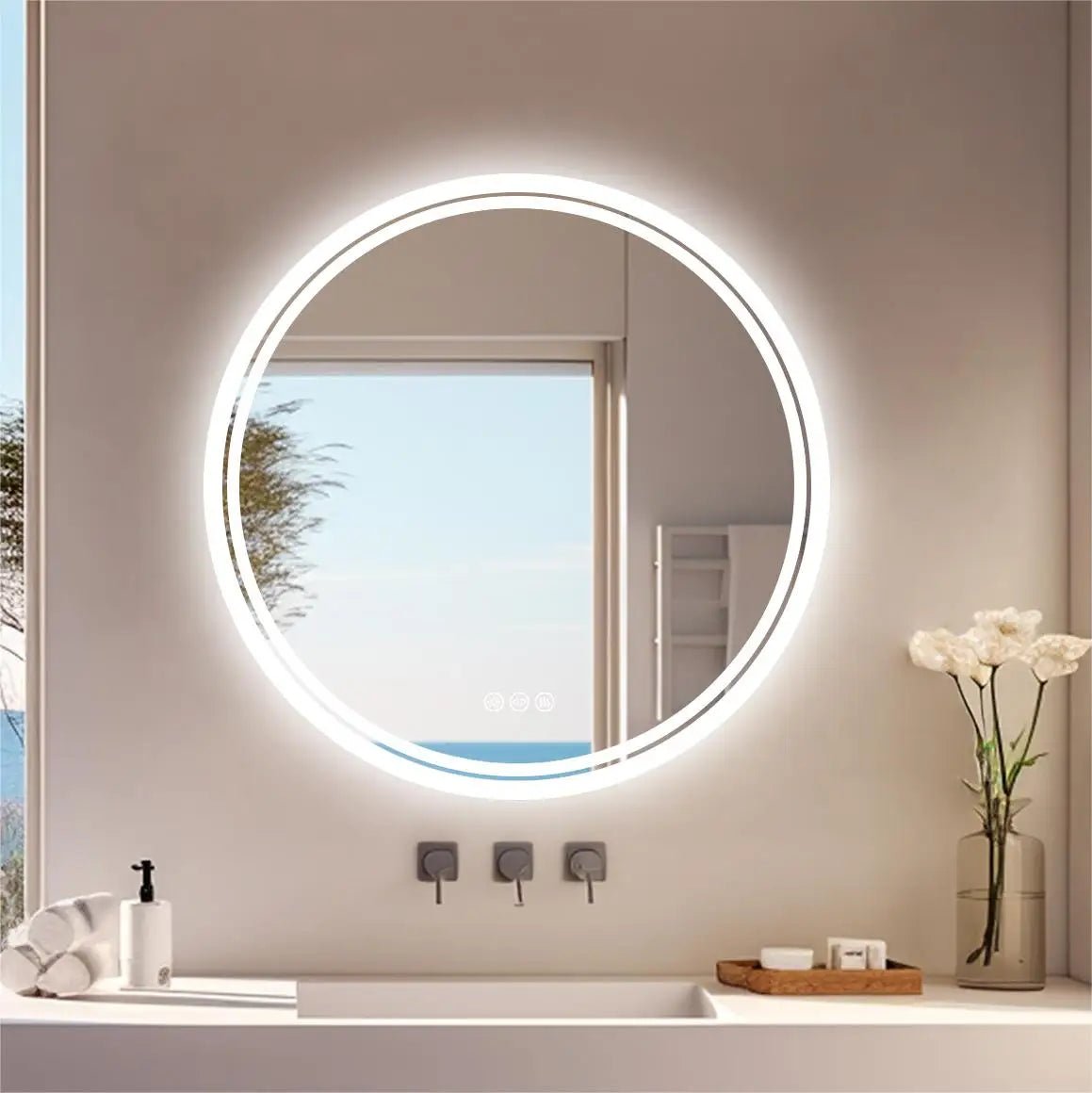Large Round LED Bathroom Vanity Mirror Anti-Fog with Brighter Lights for Makeup Wall Mount Smart Touch - MOOAZAA