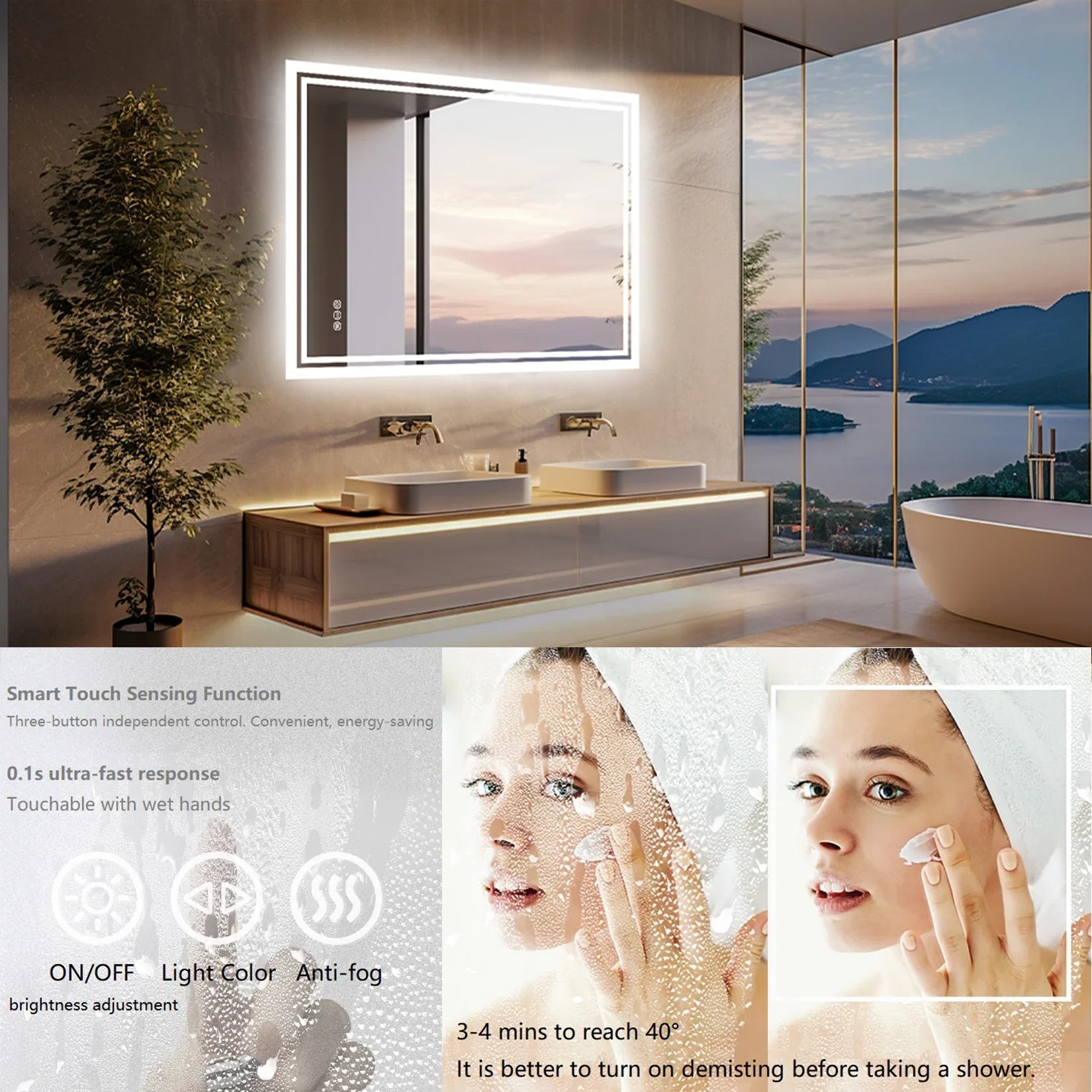 LED Light Bathroom Mirror Illuminated Wall Mounted Vanity Makeup Anti-Fog Rectangle 3 Colors Touch Light - MOOAZAA