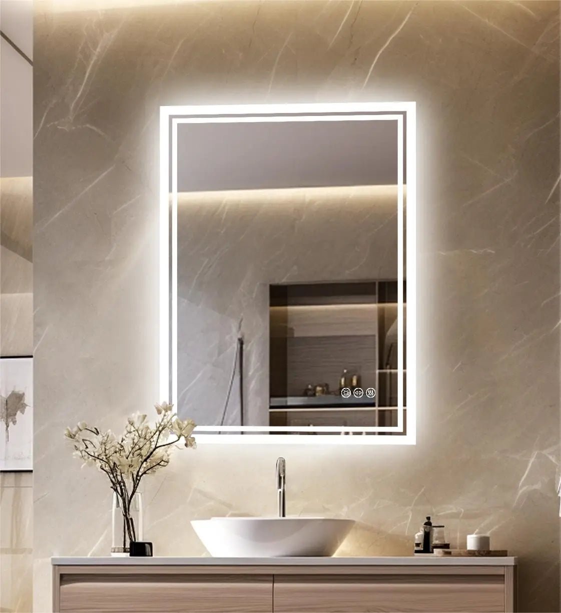 LED Light Bathroom Mirror Illuminated Wall Mounted Vanity Makeup Anti-Fog Rectangle 3 Colors Touch Light - MOOAZAA