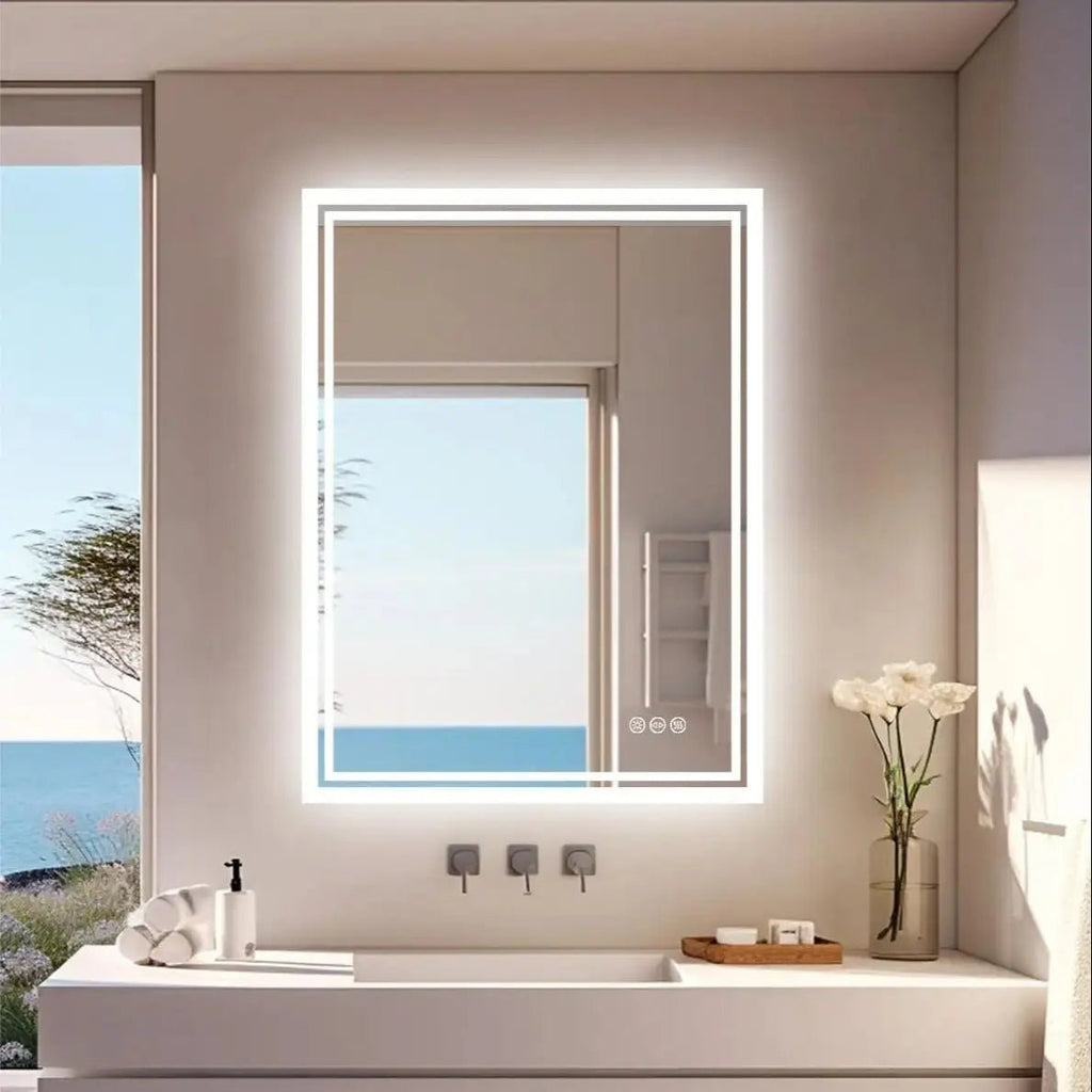 LED Light Bathroom Mirror Illuminated Wall Mounted Vanity Makeup Anti-Fog Rectangle 3 Colors Touch Light - MOOAZAA